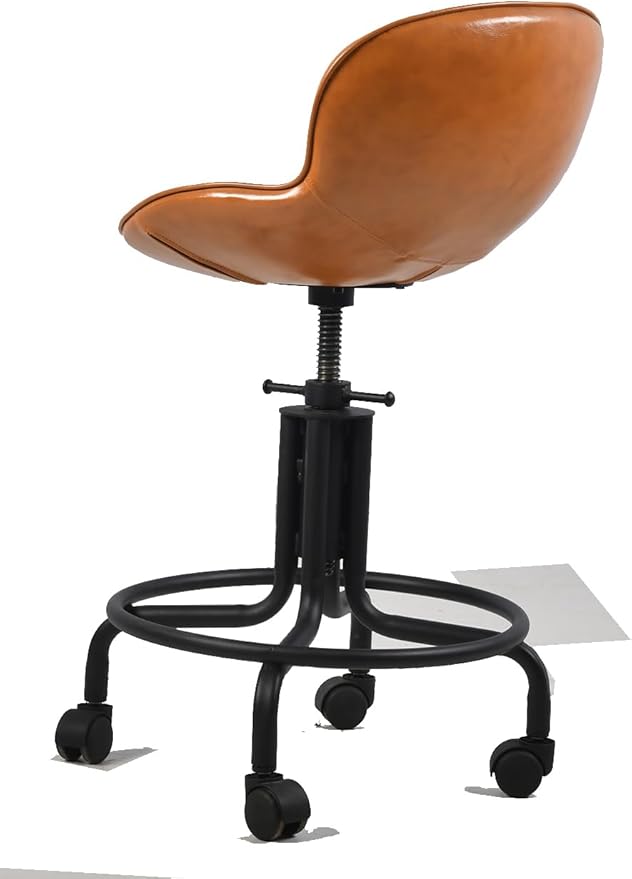 Topower Antique Industrial Design Metal Adjustable Height Kitchen Dining Breakfast Chair Industrial Style Bar Stool with Wheels, Fully Welded, Cinnamon PU Leather Seat