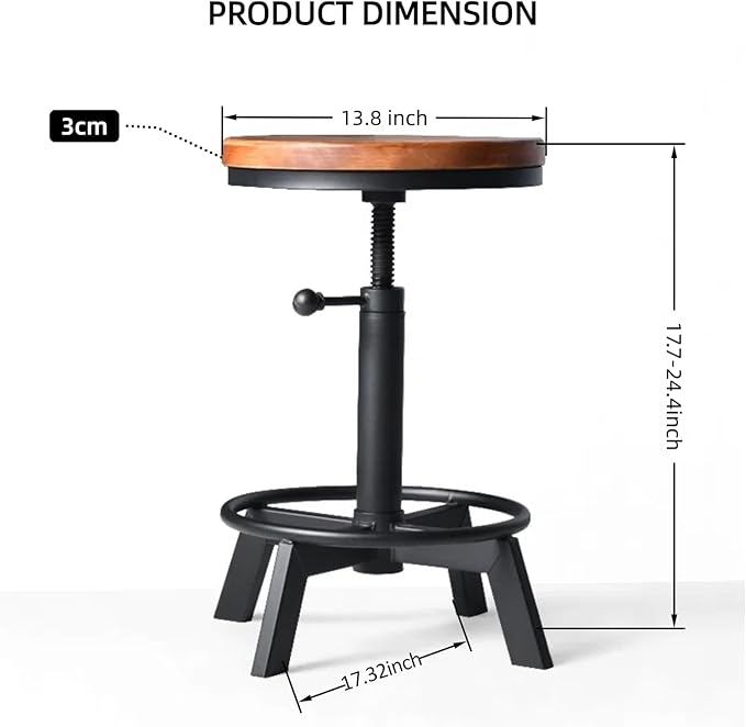 Set of 2-Industrial Bar Stool-Counter Height Chairs- Swivel Wooden Seat- Adjustable 17.7-24inch