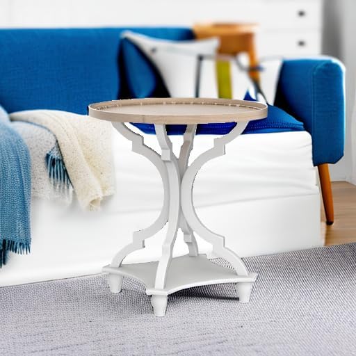 Wnutrees Farmhouse Round Accent End Table, Rustic Side Table Nightstands for Living Room, Wood Tray Top, Handcrafted Finish, Set of 2, White