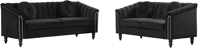 60" Loveseat Sofa, Microfiber Chesterfield Upholstered Sofas Love Seat, Couch Chair Sets with Style Button Tufted, Scroll Arms and Nailhead for Living Room, Office, Black