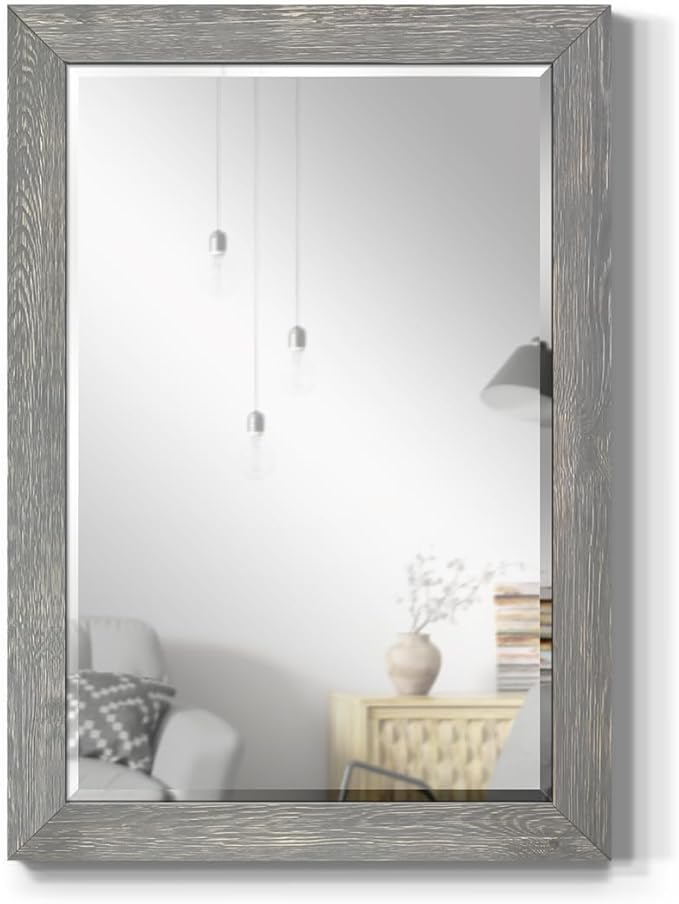Gray Rustic Mirror Rectangular Barnwood Framed Wall Mirror for Home Decor, Vertical or Horizontal Hanging, 41x29