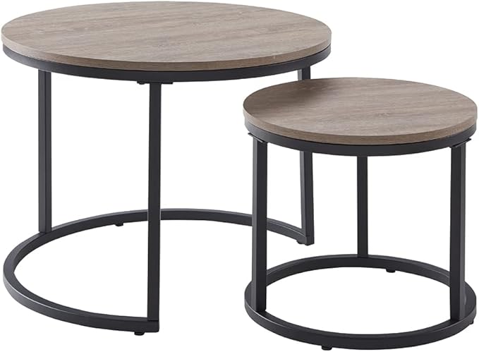CENSI 24" Round Nesting Table, Accent Coffee Table, French Oak Grey Wood Finish, Space-Saving, Modern Industrial Style