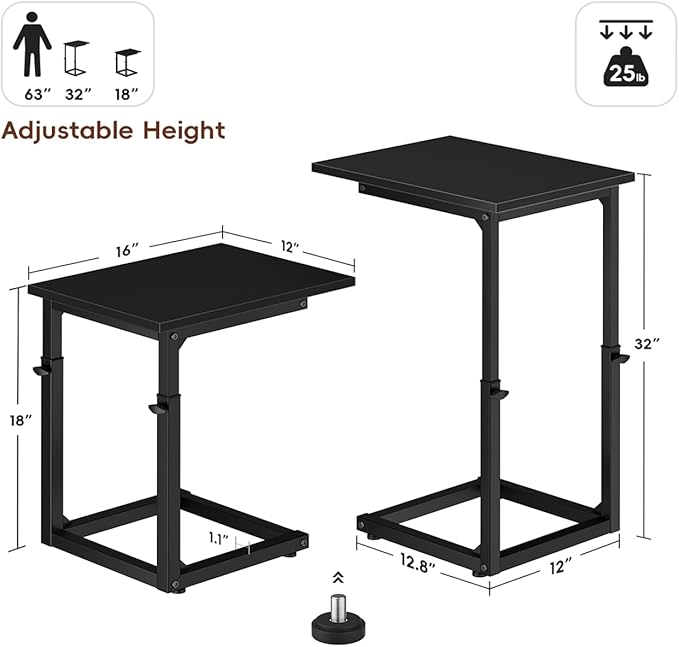 Vagusicc C Shaped End Table, 33" Tall Couch Table Adjustable Height Side Table, Sofa Table That Slide Under, C Table End Table TV Tray Coffee Arm Table for Living Room, Bedroom, Small Spaces, Black