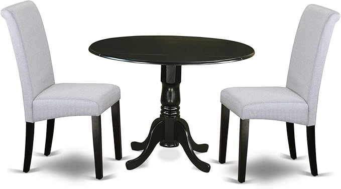 East West Furniture DLBA3-BLK-05 3 Piece Kitchen Table & Chairs Set Contains a Round Dining Room Table with Dropleaf and 2 Grey Linen Fabric Parsons Dining Chairs, 42x42 Inch, Black
