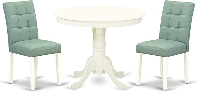 East West Furniture ANAS3-LWH-43 3 Piece Dining Table Set consists A Dinner Table and 2 Willow Green Polyester Fabric Parson Kitchen Chairs with Stylish Back- Linen White Finish