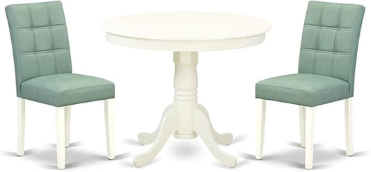 East West Furniture ANAS3-LWH-43 3 Piece Dining Table Set consists A Dinner Table and 2 Willow Green Polyester Fabric Parson Kitchen Chairs with Stylish Back- Linen White Finish