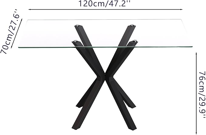 Tempered Glass Dining Table for 4, 48 Inch Rectangular Kitchen Table with Black Metal Legs Modern Style Dinner Table for Dining Room Kitchen