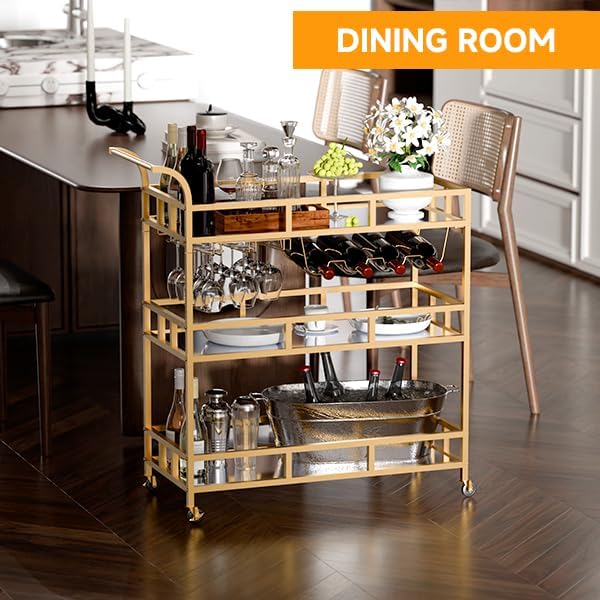 TONGMO Gold Bar Carts with 3 Tier Mirror Shelves, Home Bar Cart with Wine Rack and Glass Holder, Perfect for Indoor and Outdoor Use, Stylish and Functional Kitchen and Entertainment Space Addition