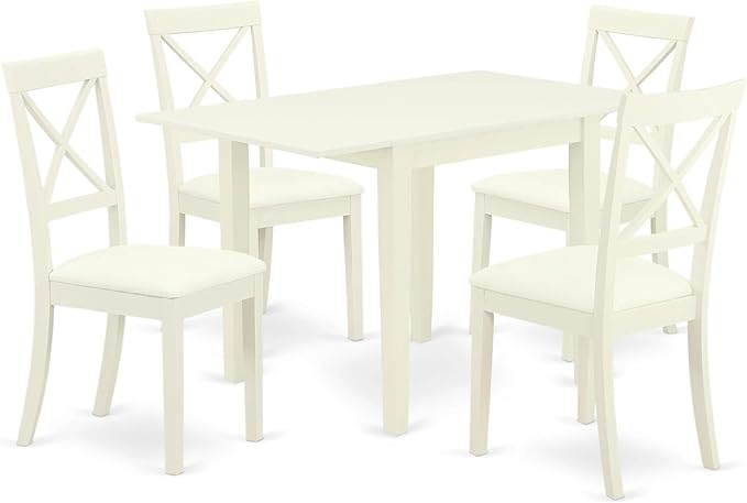 East West Furniture NDBO5-LWH-LC 5 Piece Dinette Set for 4 Includes a Rectangle Dining Room Table with Dropleaf and 4 Faux Leather Kitchen Dining Chairs, 30x48 Inch, Linen White