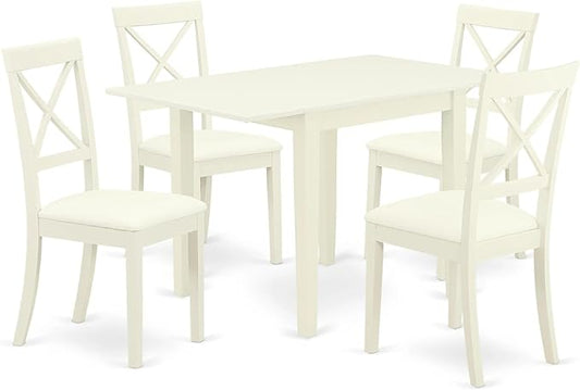 East West Furniture NDBO5-LWH-LC 5 Piece Dinette Set for 4 Includes a Rectangle Dining Room Table with Dropleaf and 4 Faux Leather Kitchen Dining Chairs, 30x48 Inch, Linen White