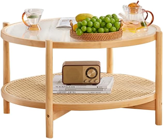 Tiita Rattan Coffee Table, Large Round End Table, 27.6 Inch Modern Side Table, Living Room Side Table, Glass Sofa End Table for Balcony and Office Outdoor/Indoor (Wood)