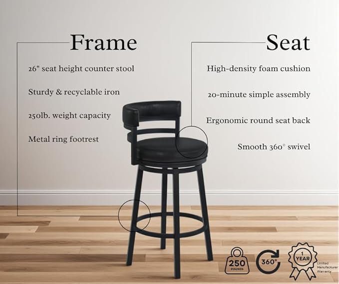 Armen Living Madrid 26" Seat Height Swivel Modern Ford Black Faux Leather and Black Finish Bar Stool for Kitchen Island Counter