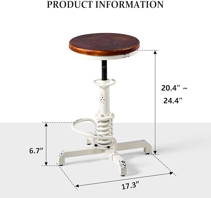Topower Industrial Retro Vintage Farm Wooden Seat Tractor Stool Kitchen Swivel Height Adjustable bar Stool Antique White