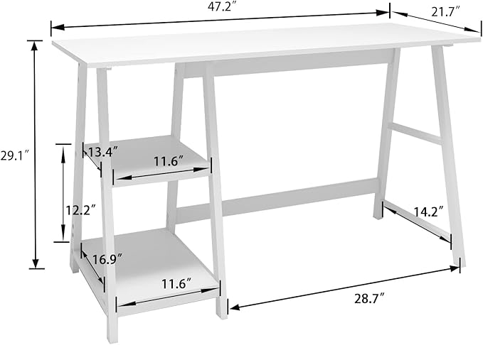 Natwind 47" White Desk with 2-Tier Storage Shelves,Home Office Computer Desk, Study Table for Kids Student Girls,Writing Desk,Modern Simple Basic Desk Workstation for Bedroom Home Office