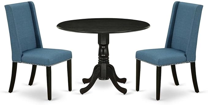 East West Furniture DLFL3-BLK-21 3 Piece Kitchen Table Set Contains a Round Dining Room Table with Dropleaf and 2 Blue Linen Fabric Upholstered Chairs, 42x42 Inch, Black