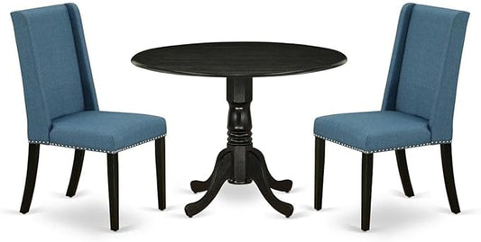East West Furniture DLFL3-ABK-21 3 Piece Dining Room Table Set Contains a Round Kitchen Table with Dropleaf and 2 Blue Linen Fabric Parsons Dining Chairs, 42x42 Inch, Wirebrushed Black