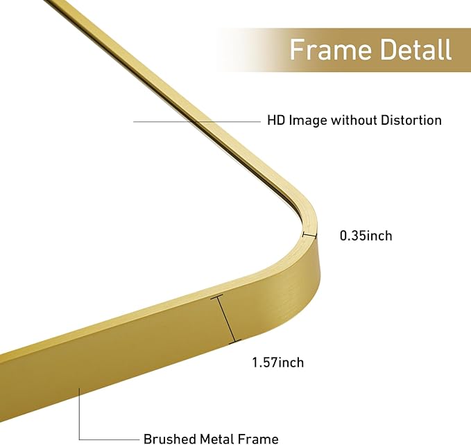 24x36 Inch Bathroom Mirror for Wall,Matte Gold Framed Rectangle Mirror with Rounded Corner,Aluminum Alloy Framed Brushed Wall Mirror for Bedroom or Living Room,Vertical or Horizontal
