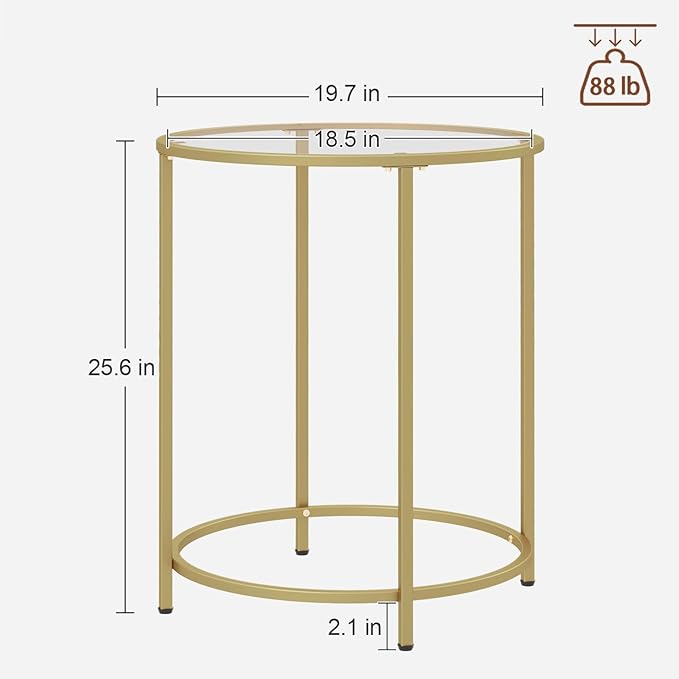 19.7’’ Round Glass End Table, Round Bedside Table with Tempered Glass Top, Gold Glass Side Table with Metal Frame, Modern Round End Table for Living Room Balcony Bedroom Porch Patio