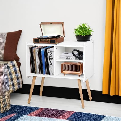 Mid-Century Record Player Stand, Vinyl Record Cabinet Holder with Storage Up to 100 Albums, Record Player Table for Living Room Bedroom Office, Turntable Stand with Wood Legs, White