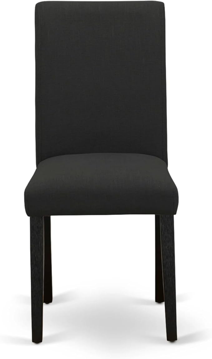 East West Furniture AMAB3-ABK-24 3 Piece Modern Dining Table Set Contains a Round Kitchen Table with Pedestal and 2 Black Color Linen Fabric Upholstered Chairs, 36x36 Inch, Wirebrushed Black