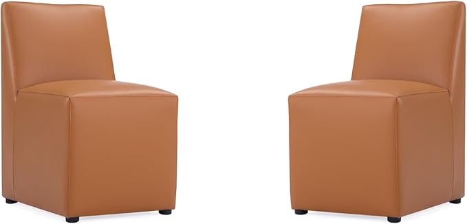 Manhattan Comfort Anna Square Modern Dining Chair with Head to Toe Faux Leather Upholstery and Plastic Foot Padding, Luxury Accent Furniture, Set of 2, Saddle