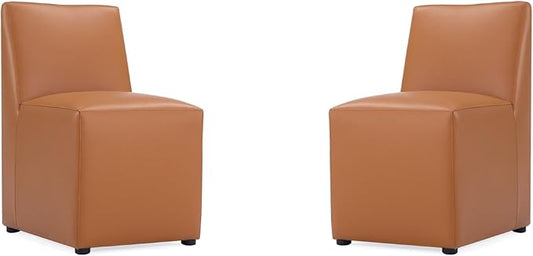 Manhattan Comfort Anna Square Modern Dining Chair with Head to Toe Faux Leather Upholstery and Plastic Foot Padding, Luxury Accent Furniture, Set of 2, Saddle