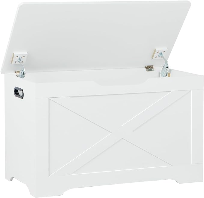 Storage Chest, Wooden Storage Bench, Entryway Shoes Bench with 2 Safety Hinges, Retro Storage Trunk for Living Room, Bedroom, 15.7 x 31.5 x 18.9 Inches, White