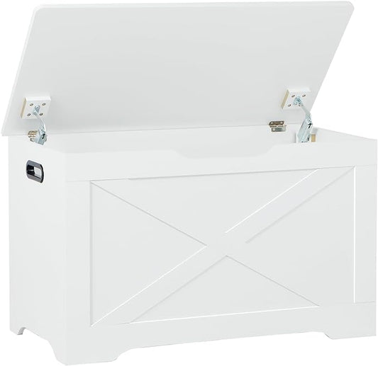 Storage Chest, Wooden Storage Bench, Entryway Shoes Bench with 2 Safety Hinges, Retro Storage Trunk for Living Room, Bedroom, 15.7 x 31.5 x 18.9 Inches, White