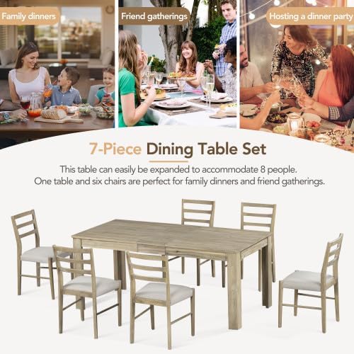 SogesHome 7-Piece Dining Table Set for 6-8 People, Extendable Solid Rubber Wood Kitchen Table with Leaf & 2 Storage Drawers, Chairs with Soft Cushion, Perfect for Kitchen, Dining Room (Natural)