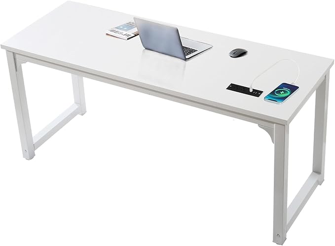 Large Computer Desk - 63 Inch Home Office Desks Study Student Writing Table Gaming Desk Wood Modern Simple Table with USB Ports, White