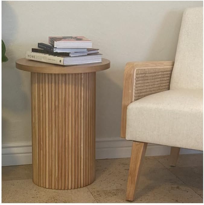 Solid Wood End Table Round 16.93" D, Wooden Accent Drum End Table, Unique Oak Pedestal Side Table, Fully Assembled, for The Living Room and Bedroom