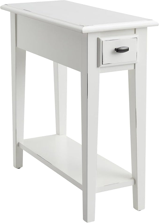 Haven Ridge Narrow End Table, Solid Wood Side Table with Drawer and Shelf, Farmhouse White, Perfect for Living Rooms, Bedrooms, and Small Spaces – Leick Home, 214361