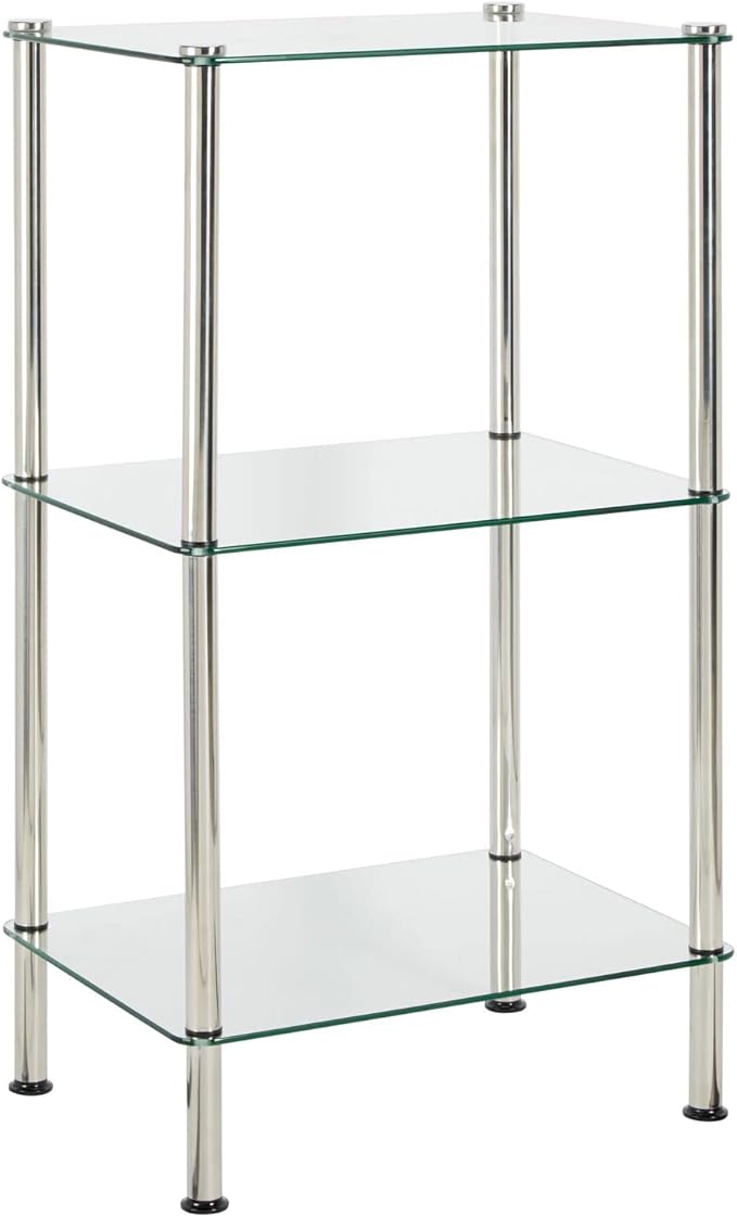 mDesign Metal/Glass 3-Tier Storage Tower, Narrow Shelving Display Unit, Open Glass Shelves; Multi-Use Stand for Living Room, Bathroom, Home Office, Hallway, Bedroom Organization - Chrome/Clear