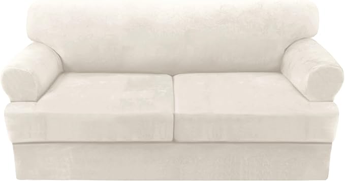 H.VERSAILTEX Sofa Cover 3 Piece T Cushion Sofa Slipcovers Thick Velvet Couch Cover Furniture Protector Stretch Sofa Covers for 2 Cushion Couch with 2 Individual T Cushion Covers Washable, Ivory