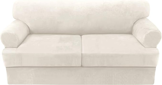 H.VERSAILTEX Sofa Cover 3 Piece T Cushion Sofa Slipcovers Thick Velvet Couch Cover Furniture Protector Stretch Sofa Covers for 2 Cushion Couch with 2 Individual T Cushion Covers Washable, Ivory
