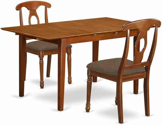 East West Furniture PSNA3-SBR-C 3 Piece Kitchen Table Set Contains a Rectangle Dining Room Table with Butterfly Leaf and 2 Linen Fabric Upholstered Dining Chairs, 32x60 Inch, Saddle Brown