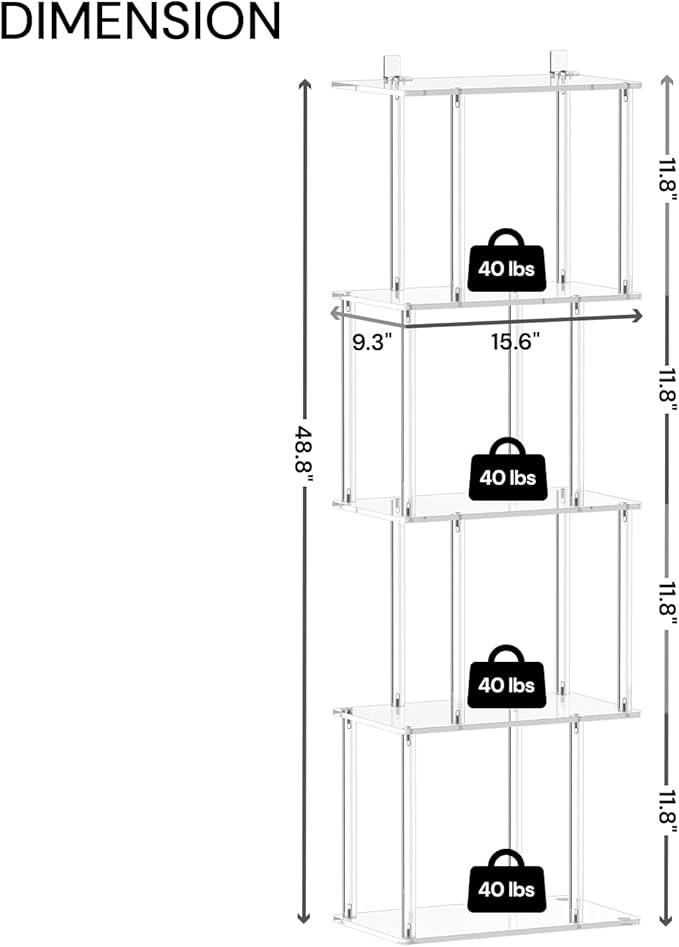 Acrylic Geometric Bookshelf for Small Spaces, 5-Tier Clear S Shaped Bookcase, Modern Open Book Shelf for Living Room, Bedroom, Office, 9.3" D x 15.6" W x 48.8" H, Easy Assembly