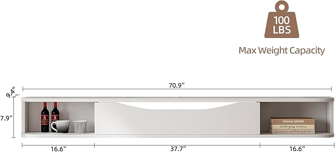 Floating TV Stand,70'' Wall Mounted TV Cabinet,Floating TV Console,Under TV Shelf with 1 Door and 2 Cabinets for TVs up to 75''(White)