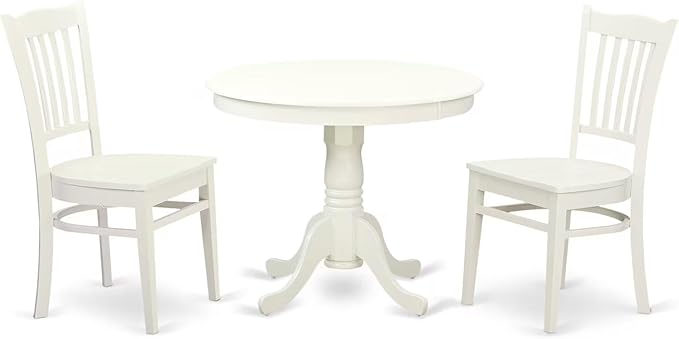 East West Furniture ANGR3-LWH-W 3 Piece Kitchen Table & Chairs Set Contains a Round Dining Room Table with Pedestal and 2 Solid Wood Seat Chairs, 36x36 Inch, Linen White