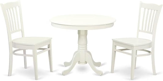 East West Furniture ANGR3-LWH-W 3 Piece Kitchen Table & Chairs Set Contains a Round Dining Room Table with Pedestal and 2 Solid Wood Seat Chairs, 36x36 Inch, Linen White