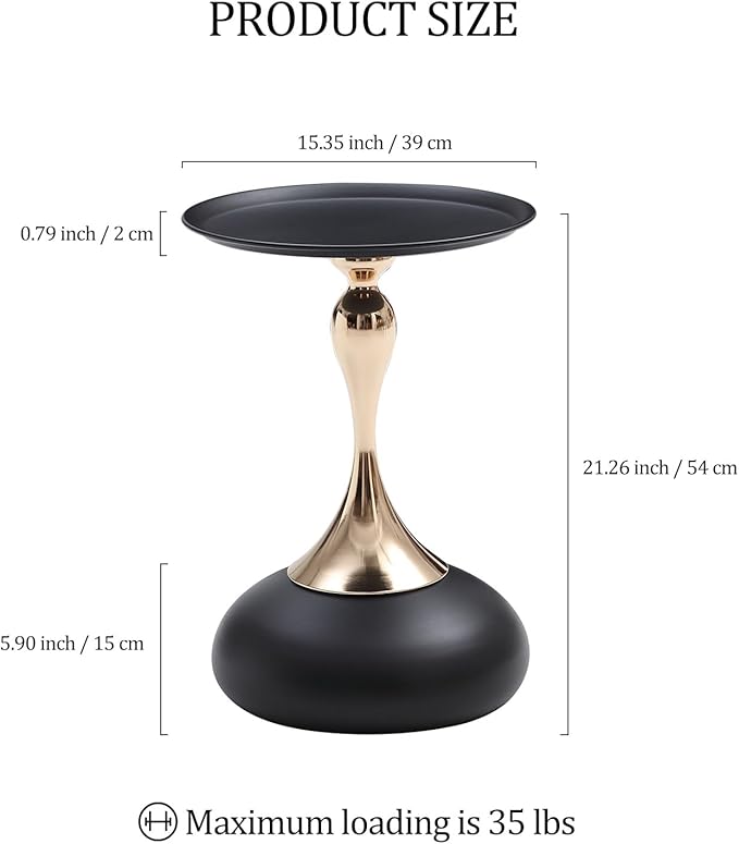 Small Black Round Side Table Pedestal for Small Spaces, Metal Unique End Table for Living Room, Modern Corner Accent Tables Drink Martini Tables