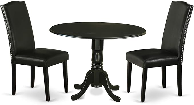 East West Furniture DLEN3-BLK-69 3 Piece Dining Room Furniture Set Contains a Round Dining Table with Dropleaf and 2 Black Faux Leather Upholstered Chairs, 42x42 Inch, Black