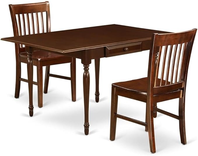 East West Furniture MZNO3-MAH-W 3 Piece Dining Set Contains a Rectangle Dining Room Table with Dropleaf and 2 Wood Seat Chairs, 36x54 Inch, Mahogany