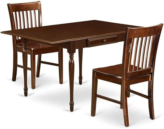East West Furniture MZNO3-MAH-W 3 Piece Dining Set Contains a Rectangle Dining Room Table with Dropleaf and 2 Wood Seat Chairs, 36x54 Inch, Mahogany