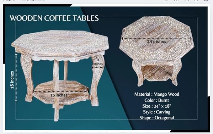 Farmhouse Carved Octagonal End Table – Rustic Accent Side Table with Hand Carved Floral Detailing, Portable Wood Tray Top, White Wash Finish, 24" Dai x 18" Height–Nightstand For Living Room,Bedroom