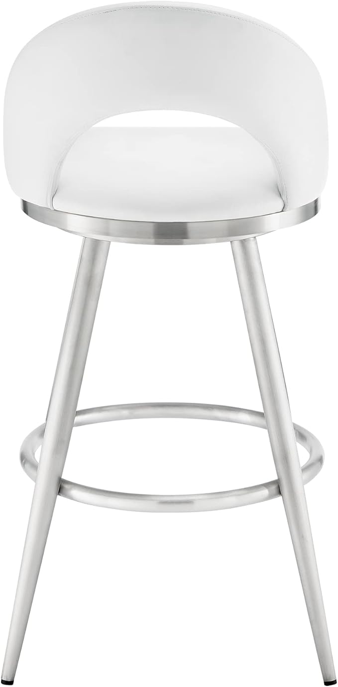 Armen Living Charlotte Swivel Bar Stool in Brushed Stainless Steel with White Faux Leather