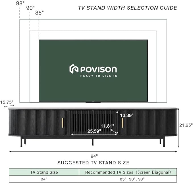 POVISON Fully-Assembled Mid Century Modern Black TV Stand with White Glossy Sintered Stone Tabletop & LED Lights, Rolling Door Media Console, Wood TV Console for Living Room