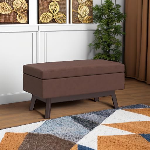 SIMPLIHOME Owen 36 inch Wide Mid Century Modern Rectangle Small Rectangular Storage Ottoman in Distressed Saddle Brown Vegan Faux Leather, Assembled, for the Living Room, Entryway and Family Room