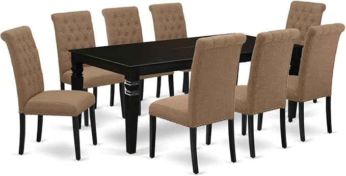 East West Furniture LGBR9-BLK-17 9 Piece Dining Room Table Set Includes a Rectangle Butterfly Leaf Kitchen Table and 8 Light Sable Linen Fabric Upholstered Chairs, 42x84 Inch, Black