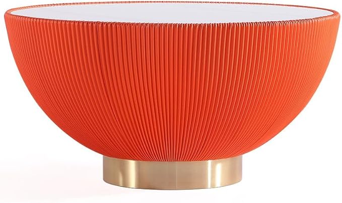 Manhattan Comfort Anderson Modern 28.15" Round Coffee Table 2.0 - Ceramic Marble Tabletop, Elegant Pleated Leatherette Details & Gold Base, Fully Assembled Accent Furniture, Set of 1, Orange
